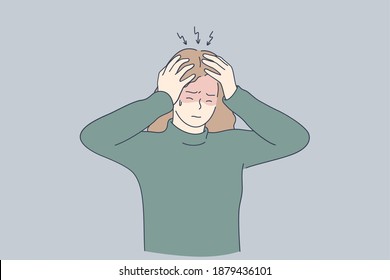 Stress, headache, depression concept. Unhappy depressed stressed young girl touching head with fingers, feeling headache, stress and exhaustion. Pain and grief illustration 