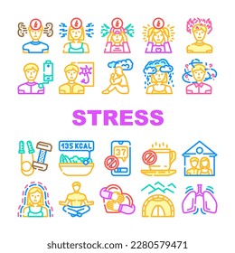 stress headache depression icons set vector. stressed problem, woman sad, person business, tired pain, head adult, depressed stress headache depression color line illustrations