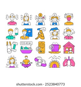 stress headache depression icons set vector. stressed problem, woman sad, person business, tired pain, head adult, depressed stress headache depression color Contour Illustrations