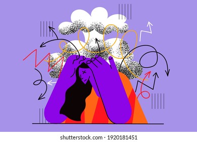 Stress, headache, migraine concept. Frustrated stressed woman suffering from headache holding hands on head having anxiety problems, dementia disease vector illustration