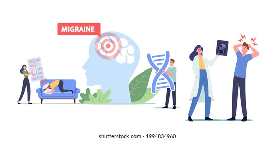 Estrés, Dolor De Cabeza, Concepto De Migraña. Pequeños personajes de estrés frustrado que sufren de dolor de cabeza sosteniendo manos en la cabeza que tienen problemas de ansiedad, dolor, enfermedad, tensión. Ilustración de vectores de personas de caricatura