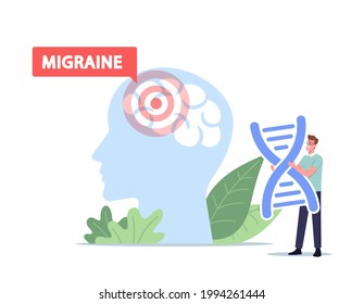 Stress, Headache, Migraine Fatigue Concept. Tiny Male Character Hold Huge DNA Spiral at Human Head with Red Area in Brain. Genetic Disease Symptom, Pain, Sickness. Cartoon People Vector Illustration