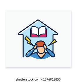  Stress at home color line icon. Dad tired of his child home learning. Online education concept. Distant remote teaching and homeschooling. Isolated vector illustration 
