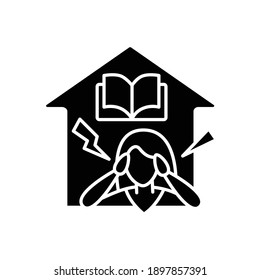 Stress at home glyph icon. Mom is tired of her child home schooling. Online education concept. Distance learning and home teaching. Isolated silhouette vector illustration