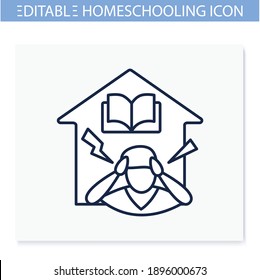  Stress At Home Line Icon. Dad Tired Of His Child Home Learning. Online Education Concept. Distant Remote Teaching And Homeschooling. Editable Vector Illustration 