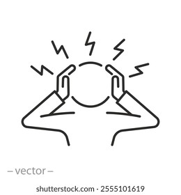 stress icon, human in shock, person clasping head with hands, worry, headache, thin line web symbol on white background - editable stroke vector illustration eps10