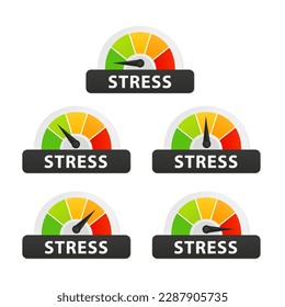 Stress icon on speedometer. High stress meter. Stress level meter. Increase Stress concept with tachometer. Vector illustration