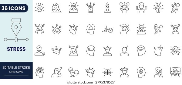 Stress icon set in outline style. Collection of stress, mental health, pressure, anxiety, burnout, and wellness icons. Editable stroke. Vector icon collection.