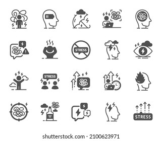 Stress icons. Mental health, depression and confusion thoughts. Frustrated man, negative mood, panic fear simple icons. Stress pressure and psychology mental problems. Bad depression. Vector