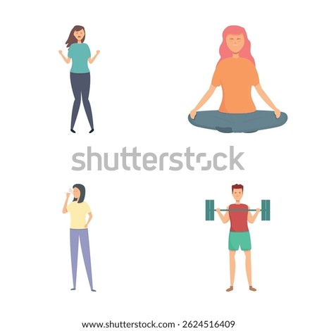 Stress icons set cartoon vector. People deal with stress differently. Hobby, pastime