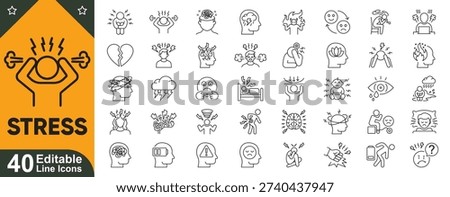 Stress icons set. Editable stroke outline icon collection. Mental health, anxiety, burnout, meditation, therapy, mindfulness symbols. Vector illustration.