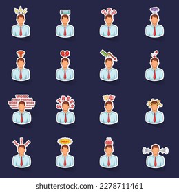 Stress icons set stikers collection vector with shadow on purple background