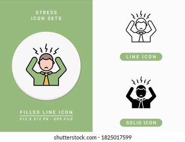 Stress icons set vector illustration with solid icon line style. Depression and pressure concept. Editable stroke icon on isolated background for web design, infographic and UI mobile app.