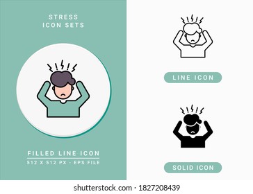 Stress icons set vector illustration with solid icon line style. Depression and pressure concept. Editable stroke icon on isolated background for web design, infographic and UI mobile app.