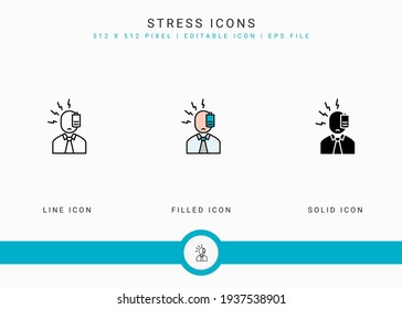 Stress-Symbole setzen Vektorgrafik mit soliden Symbollinien Stil. Depression und Druckkonzept. Bearbeitbares Strichsymbol auf isoliertem Hintergrund für Webdesign, Benutzeroberfläche und mobile App