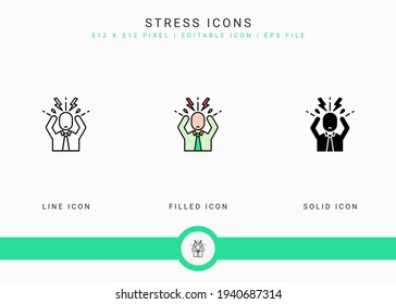 Stress icons set vector illustration with solid icon line style. Depression and pressure concept. Editable stroke icon on isolated background for web design, user interface, and mobile app