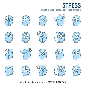 Stress icons, such as anxiety, headache, dizzy, trouble and more. Editable stroke.