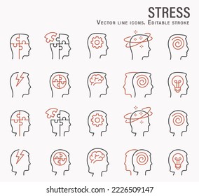 Iconos de estrés, como ansiedad, migraña, preocupación, problemas y más. Trazo editable.