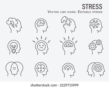 Stress icons, such as anxiety, tension, worry, mental and more. Editable stroke.