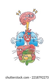 Stress-Einfluss auf Körper und Frustration Einfluss auf Organe Rahmenkonzept. Hohe Spannung und emotionale Gefühle Auswirkungen auf Gehirn, Lunge, Nieren und Blasenvektorgrafik. Ungesunder Lebensstil.