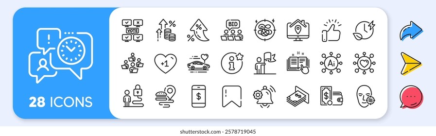 Stress, Inflation and Online voting line icons. Interest rate, AI generate, Inflation icons. Pack of Problem skin, Time management, Dating icon. Wallet money, Food delivery, Info pictogram. Vector