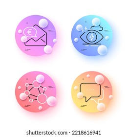 Stress, Integrity and Euro money minimal line icons. 3d spheres or balls buttons. Message icons. For web, application, printing. Mind anxiety, Social network, Receive cash. Chat bubble. Vector