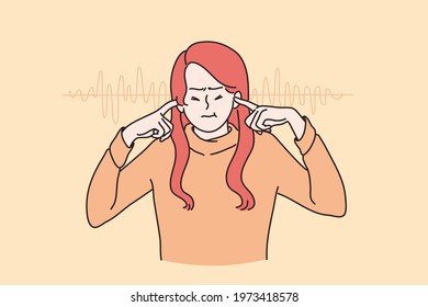 Stress, irritation, loud sounds concept. Portrait of angry irritated young woman cartoon character stabding and covering ears with fingers to keep silence in head feeling stressed and tired 