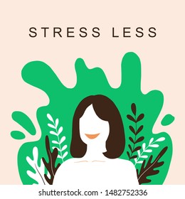 Stress less, Release your alarm with refreshing to nature. Psychology - Healthy happy Life, Emotional Balance, Cartoon Flat Vector Illustration with abstract smiling woman.