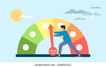 Stress Level Concept. Colourful Mood Scale, Tired Business Man Reduce Anxiety And Tired. Pain And Emotions Measure. Severe Emotions Recent Vector Scene