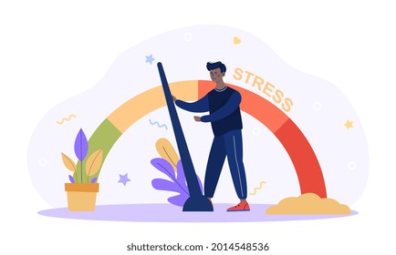 Stress level concept. Man solves problems and reduces psychological pressure. Character tired because of the emotional and work load. Cartoon flat vector illustration isolated on a white background