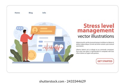 Stress Level Management illustration. A figure calmly engages with user-friendly technology to monitor and manage heart rate variability. Vector illustration.