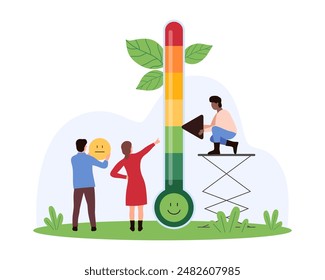 Stress level measurement and control. Tiny people measure human emotions and pain on scales of infographic thermometer, rating positive and negative mood, holding emoji cartoon vector illustration