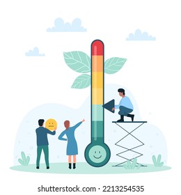 Stress level measurement on thermometer, psychology vector illustration. Cartoon tiny people rating positive and negative expressions, man holding pointer to measure stress on meter with scales