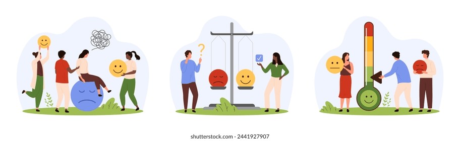 Stresspegel-Messgerät für Kundenfeedback-Set. Winzige Menschen steuern die Stimmung der Emoticons von glücklich bis neutral und traurige Gesichter mit Skalen, Charaktere unterstützen in mentalen Problem Cartoon Vektor-Illustration