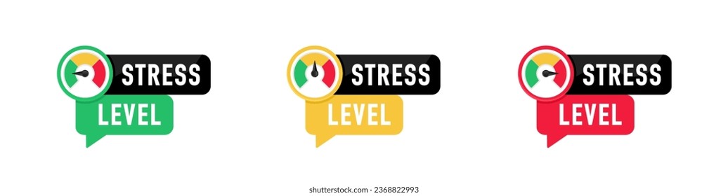 Stress level meter icon set. Emotion overload, burnout and fatigue from work. Stress regulation, safe health. Vector illustration
