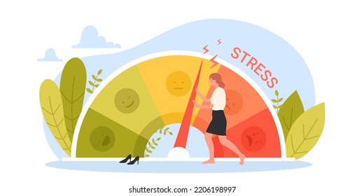 Stress level, mood and emotions scale vector illustration. Cartoon tiny businesswoman pushing with effort arrow on dashboard dial of gauge to reduce pressure and manage tension, depression reduction