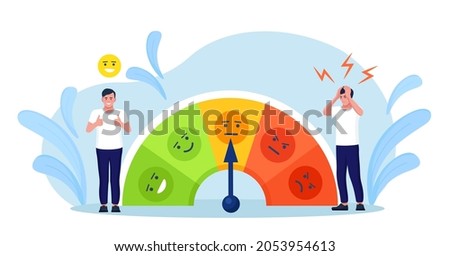 Stress level, mood scale. Man solves problems and reduces psychological pressure. Person tired because of emotional and work overload. Burnout and increased productivity. Depressed and mental illness