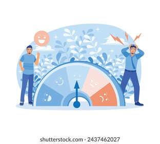 Nivel de estrés, escala de ánimo. La persona está estresada debido a la fatiga laboral y al estrés mental excesivo. Niveles de estrés. Ilustración vectorial plana.