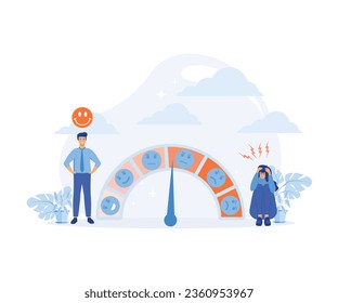 Stress level, mood scale. Tired person due to emotional and work overload. Depressed and mental illnesses. flat vector modern illustration