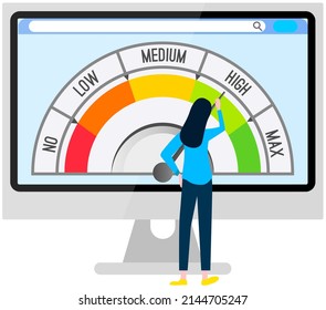 Stress level, mood scale. Woman solves problems and reduces psychological pressure. Person calms down after emotional work overload. Burnout, increased productivity. Self discipline and self control