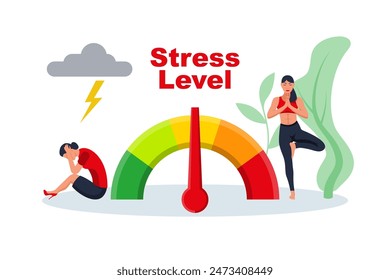Stress level. People on a mood scale. Woman stress and relaxation. Overloaded work, rest and relaxation. Positive and disappointment. Vector illustration flat design. Isolated on white background.