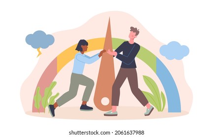 El nivel de estrés redujo el concepto. El hombre y la mujer mejoran su estado psicológico y emocional. Resolver problemas y superar dificultades. Dibujo vectorial plano de dibujos animados aislado en fondo blanco
