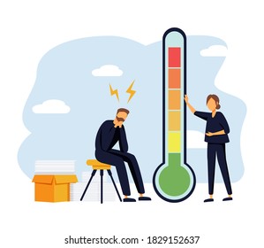 Stress level reduced with problem and pressure solving tiny persons concept. Tired from frustration employee in job vector illustration. Angry tension in business lifestyle. Emotional overload scene.