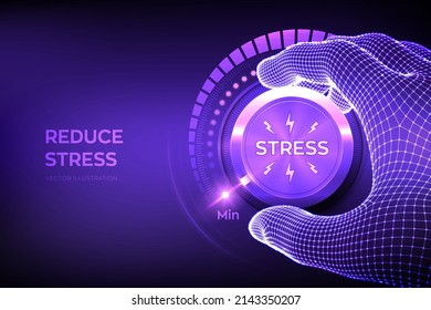 Stress levels knob button. Wireframe hand turning a stress level knob to the minimum position. Concept of emotional overload, burnout, tiring, boring, positive, frustration. Vector illustration.