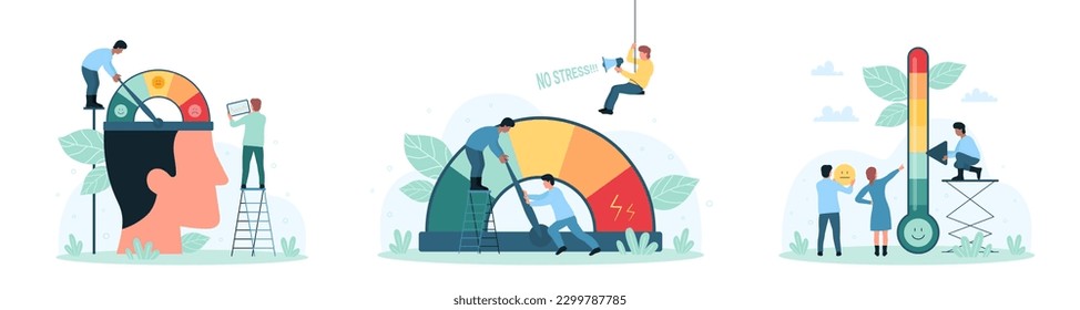 Stress levels set vector illustration. Cartoon tiny people manage negative and positive mood, control and push arrow on speedometer dial inside human head, scales indicator of problem on thermometer