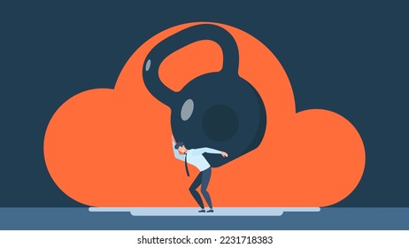 Stress is like heavy burden, load in business. Depressed businessman under heavy kettlebell burden. Financial crisis and credit payment. Business, mental stress, bankruptcy, debt. Vector illustration