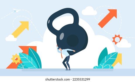 Stress is like heavy burden, load in business. Businessman under heavy kettlebell burden. Man is doing an important job. Financial crisis and credit payment. Bankruptcy, debt. Vector illustration