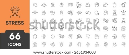 Stress Line Icon Set. Set of 66 outline icons including anxiety, headache, pressure, burnout, frustration, tension, and mental strain. Editable stroke. Linear vector illustration.