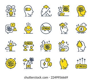 Stress line icons. Mental health, depression and confusion thoughts. Frustrated man, negative mood, panic fear outline icons. Stress pressure and psychology mental problems. Bad depression. Vector