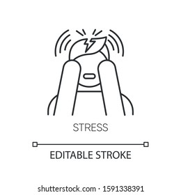 Stress linear icon. Anxiety and panic attack. Migraine and headache. Psychological issue. Mental disorder. Thin line illustration. Contour symbol. Vector isolated outline drawing. Editable stroke